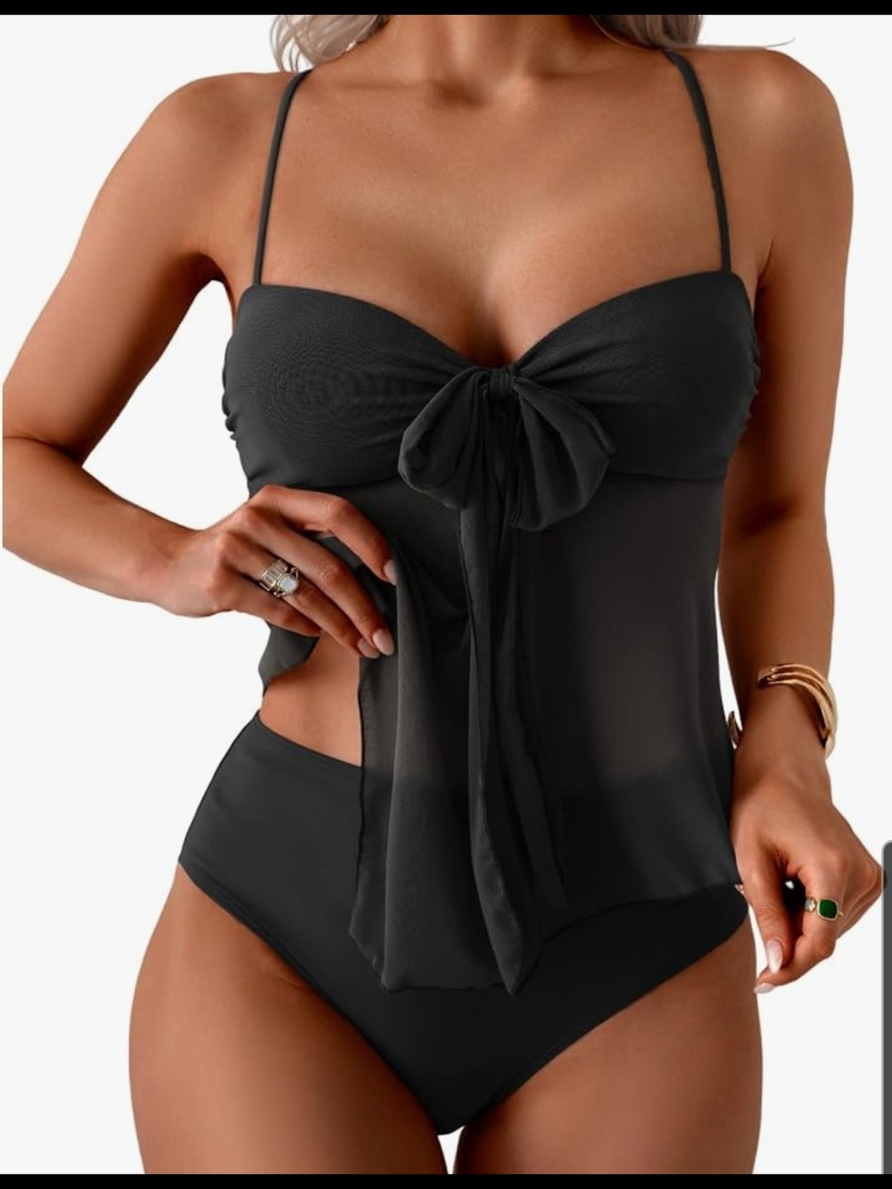 Sheer Tie-Front Black Tankini Top & High-Waist Bikini Bottom Set Size Med